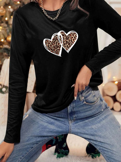 Leopard Heart Print Solid Crew Neck Long Sleeve Casual Every Day Top