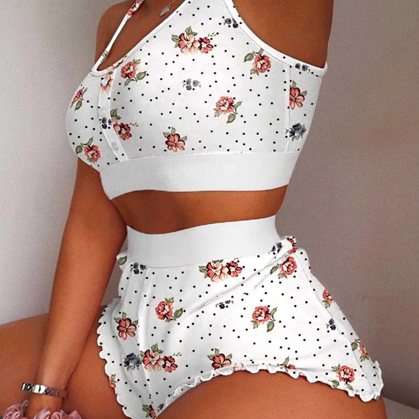 Women's Sleepwear Two-piece Cami Top Shorts Lettuce Trim Pajama Set