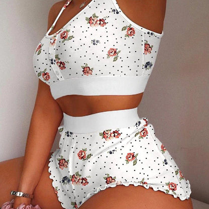 Women's Sleepwear Two-piece Cami Top Shorts Lettuce Trim Pajama Set