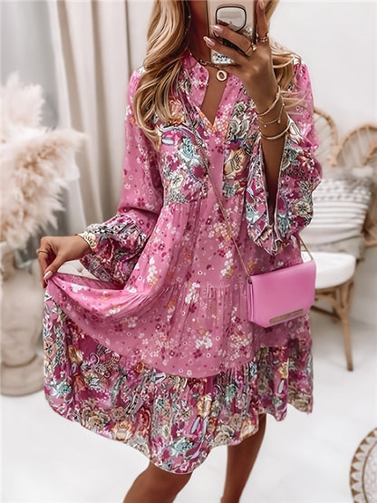 Floral Print Ruffle Hem Boho Holiday Long Sleeve V-neck Dress