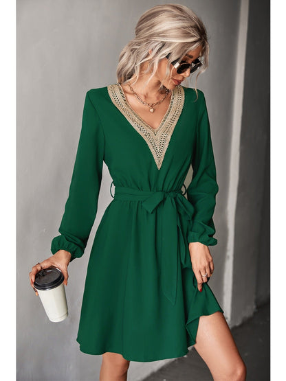 Elegant V-neck Casual Loose Solid Lace Long Sleeve Fashion Waist Belt Dresses