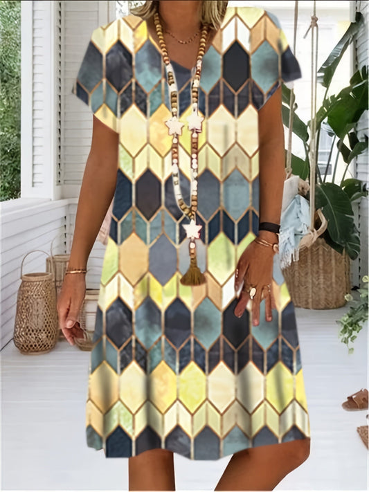 Colorful Argyle Print Casual Short Sleeve V Neck Flared Dress
