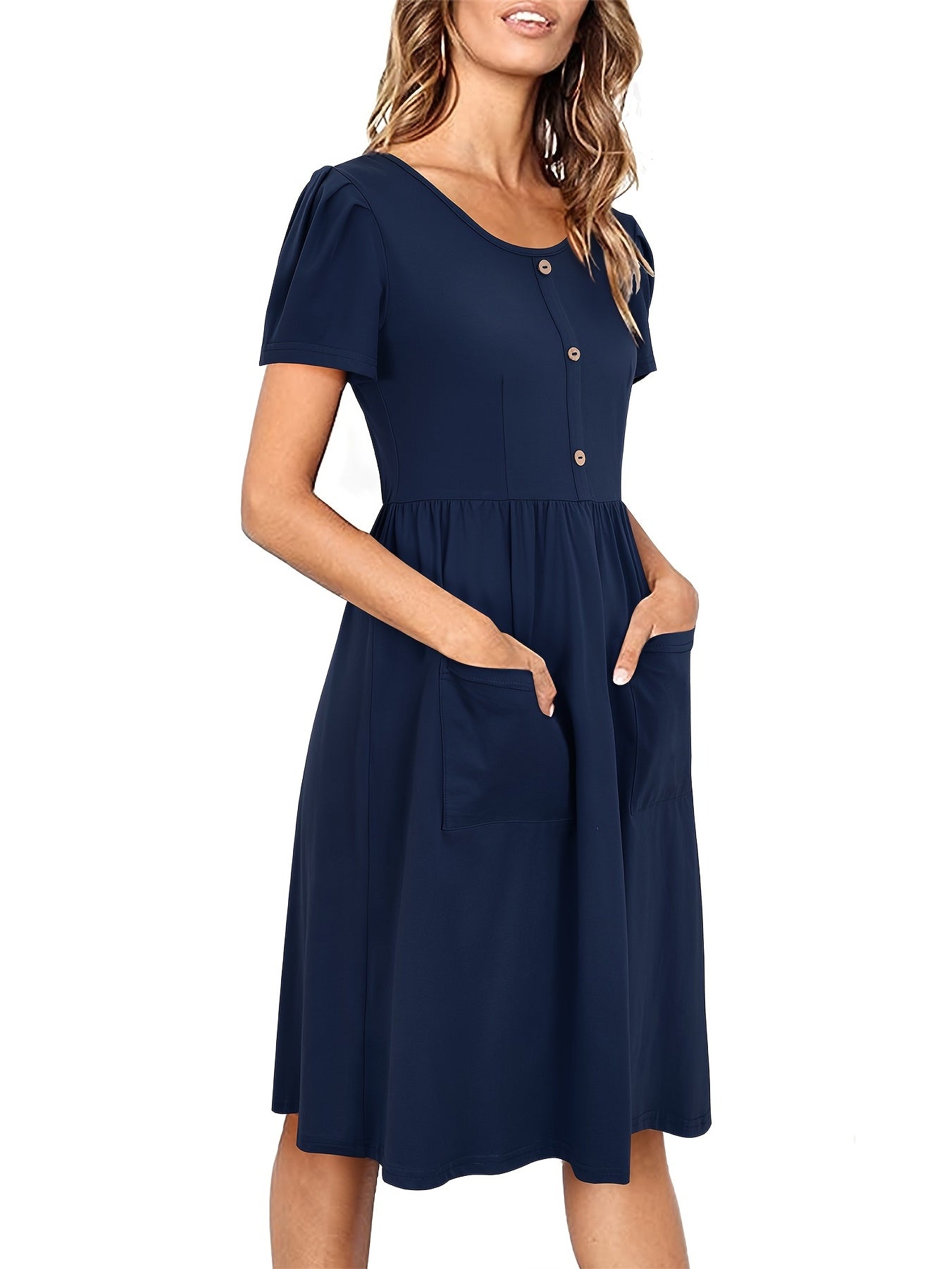 Solid Crew Neck Short Sleeve Fake Buttons Casual High Waist Ruffled Hem Midi Dress
