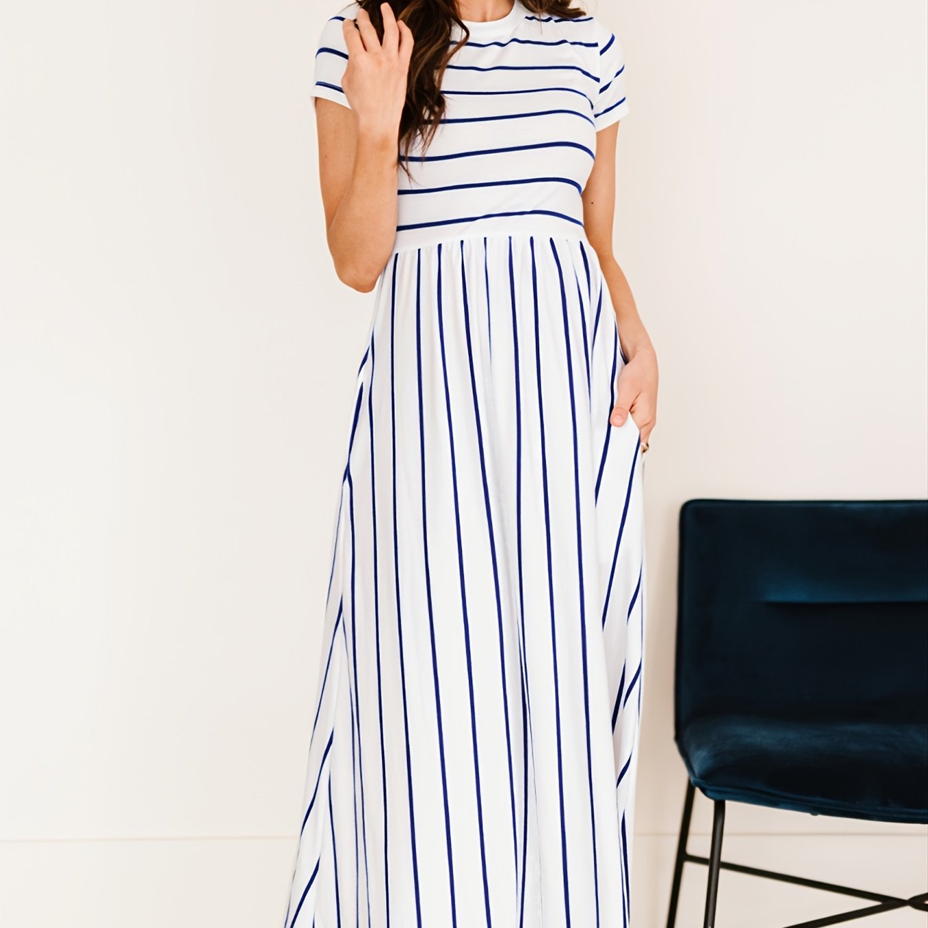 Blue Striped White Short Sleeve Maxi Dress