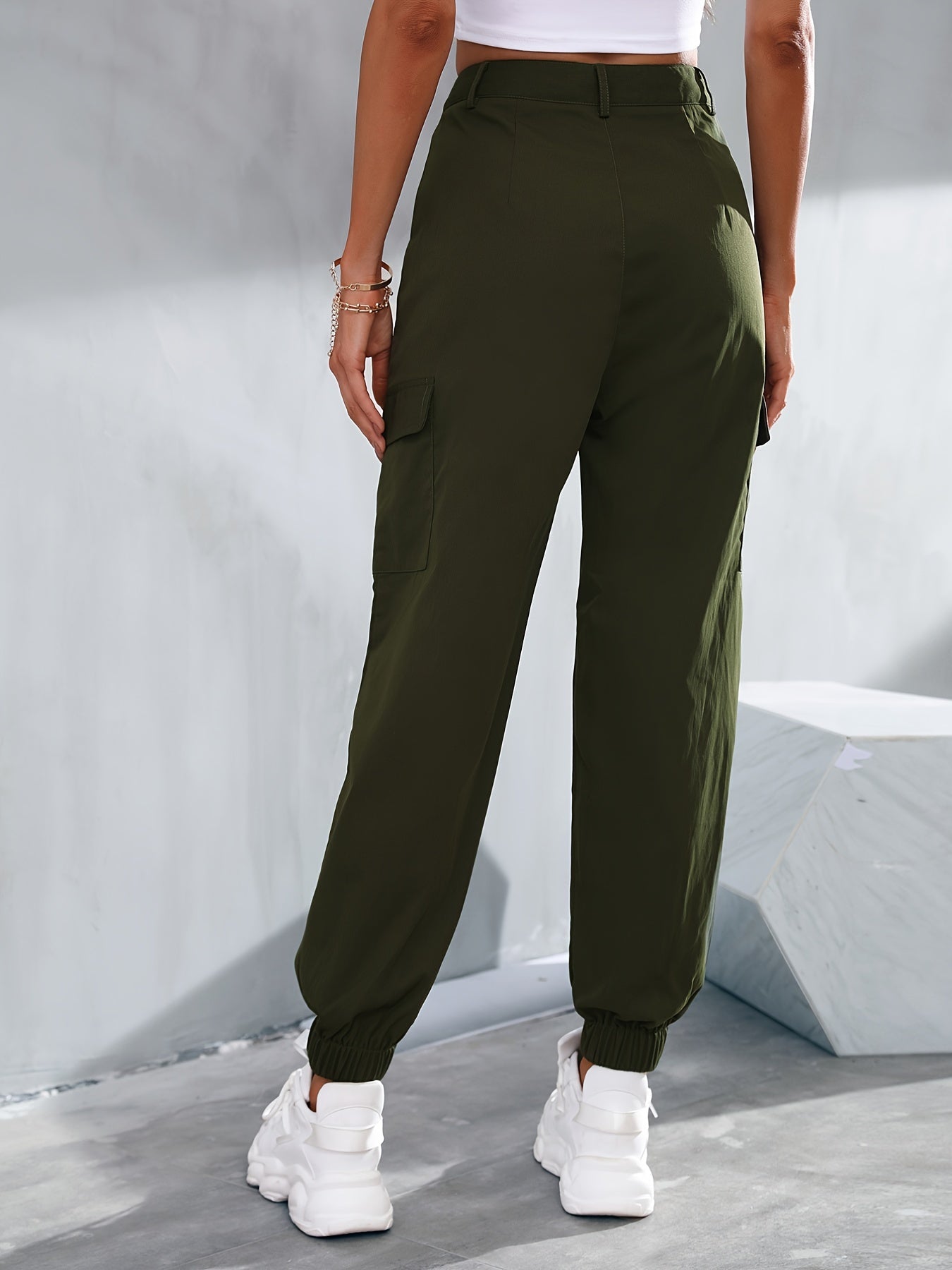 Khaki Long Slant Pockets Belted Pants