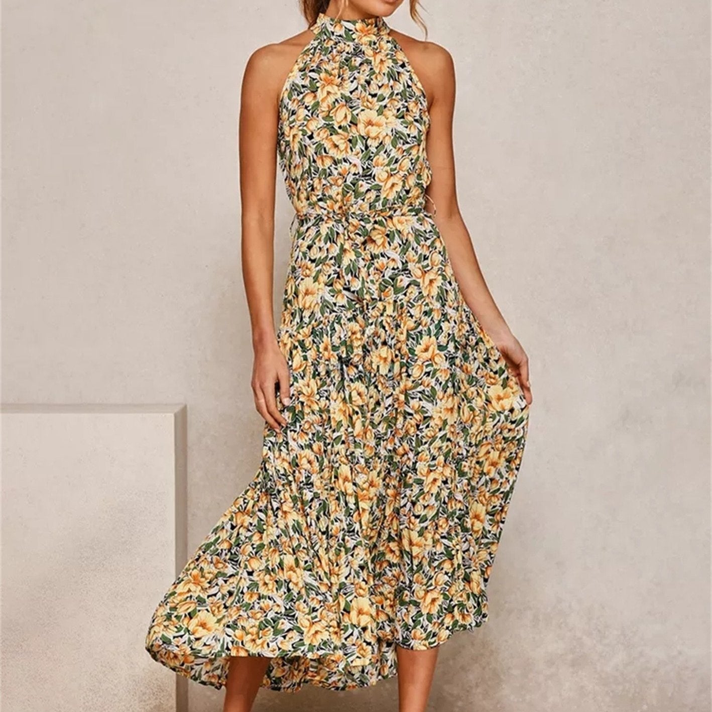 Halter Strapless Neck Floral Print Summer Vacation Dresses