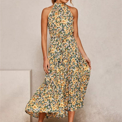Halter Strapless Neck Floral Print Summer Vacation Dresses
