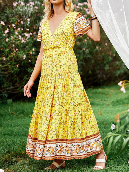 Floral Print V Neck Stitching Short Sleeve Casual Ruffled Hem Tunic Dress