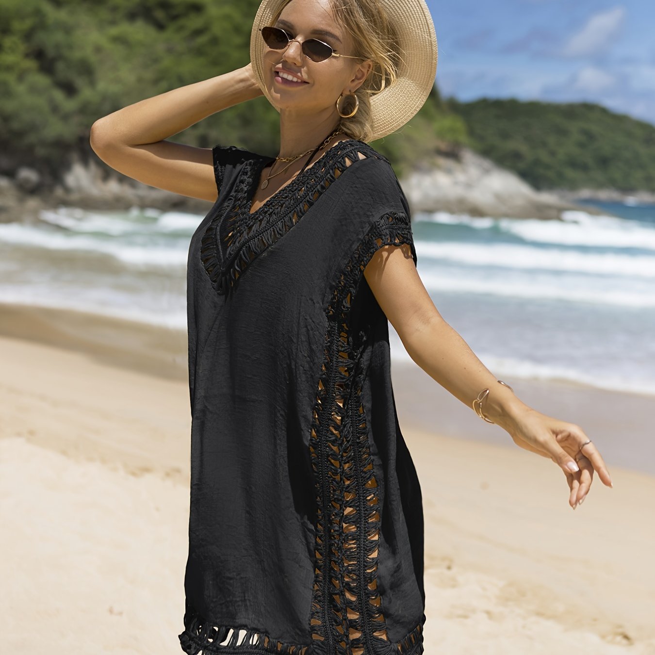 Loose Shape Lace Hollow Out Trim Sheer Cover Up Deep Solid Color Beachwear