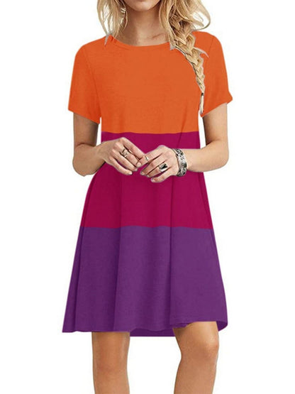 Women's Short Sleeve Crew Neck Swing Dress Color Block Summer Loose Casual A-line T-Shirt Dress