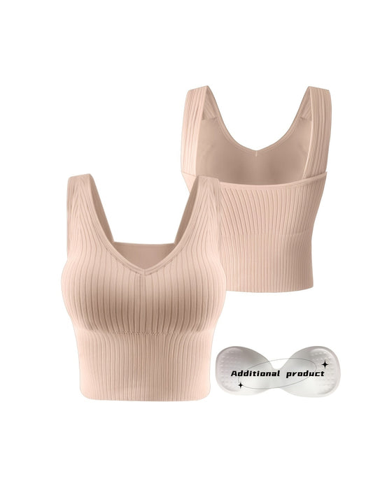 1pc Seamless Solid Sports Tank Top With Removable Pad Ribbed High Impact Backless Cropped Top