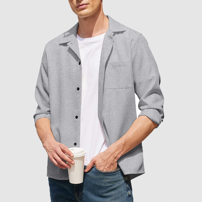 Men's casual solid color pocket long sleeve shirt