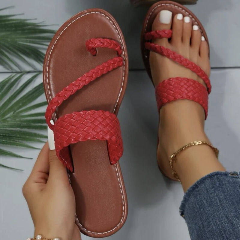 Women's Braided Design Thong Sandals Solid Color Slip-on Flat Toe Loop Slippers