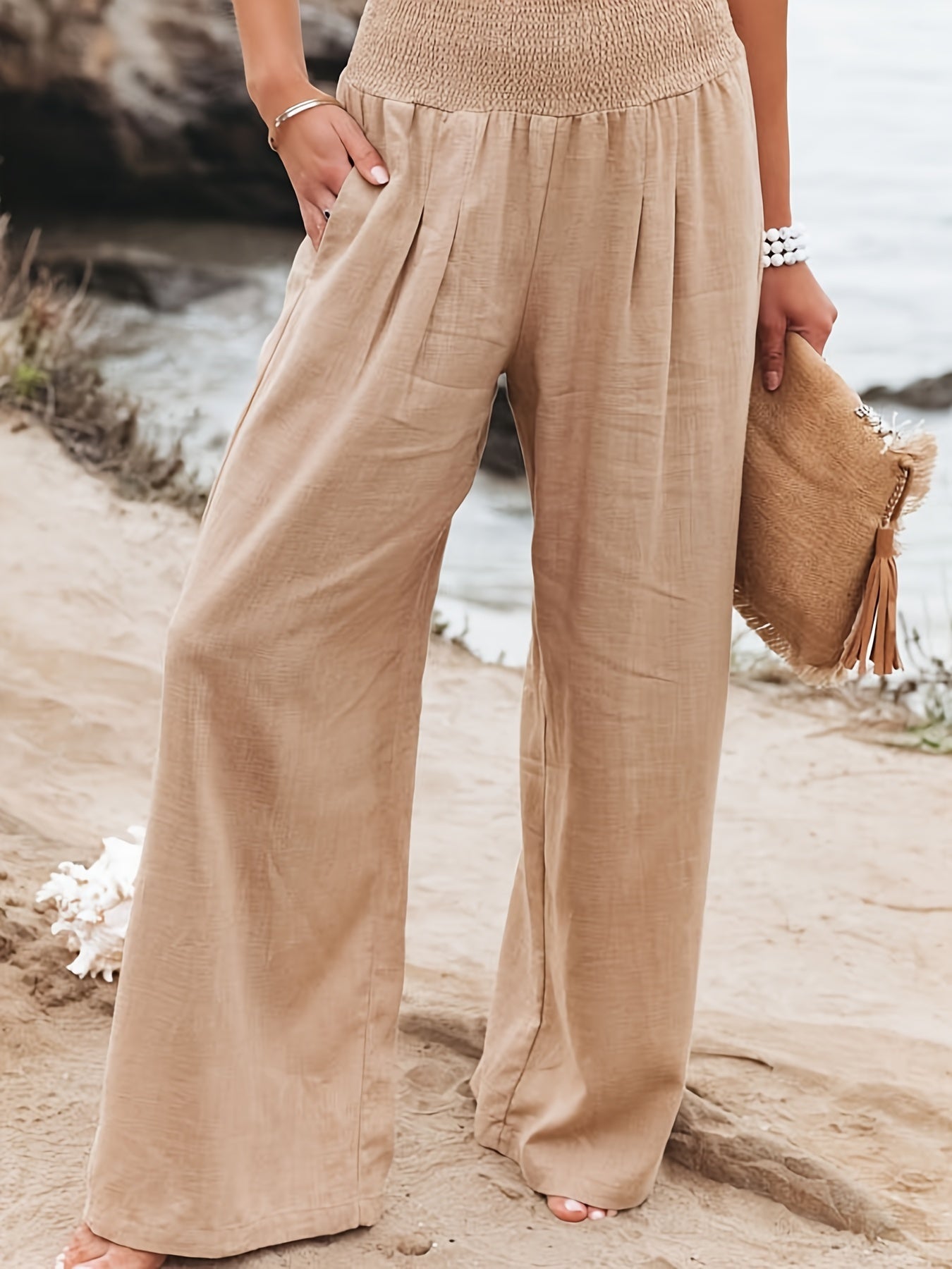 Solid Elastic Long Length Loose Vacation Casual Wide Leg Pants For Spring Summer