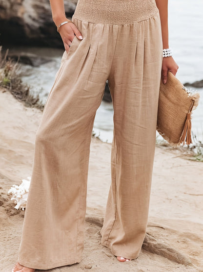 Solid Elastic Long Length Loose Vacation Casual Wide Leg Pants For Spring Summer