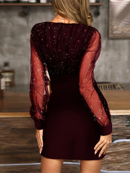 Solid Sequin Stitching Lace Long Sleeve Elegant Mesh Slim Sexy Party Dress