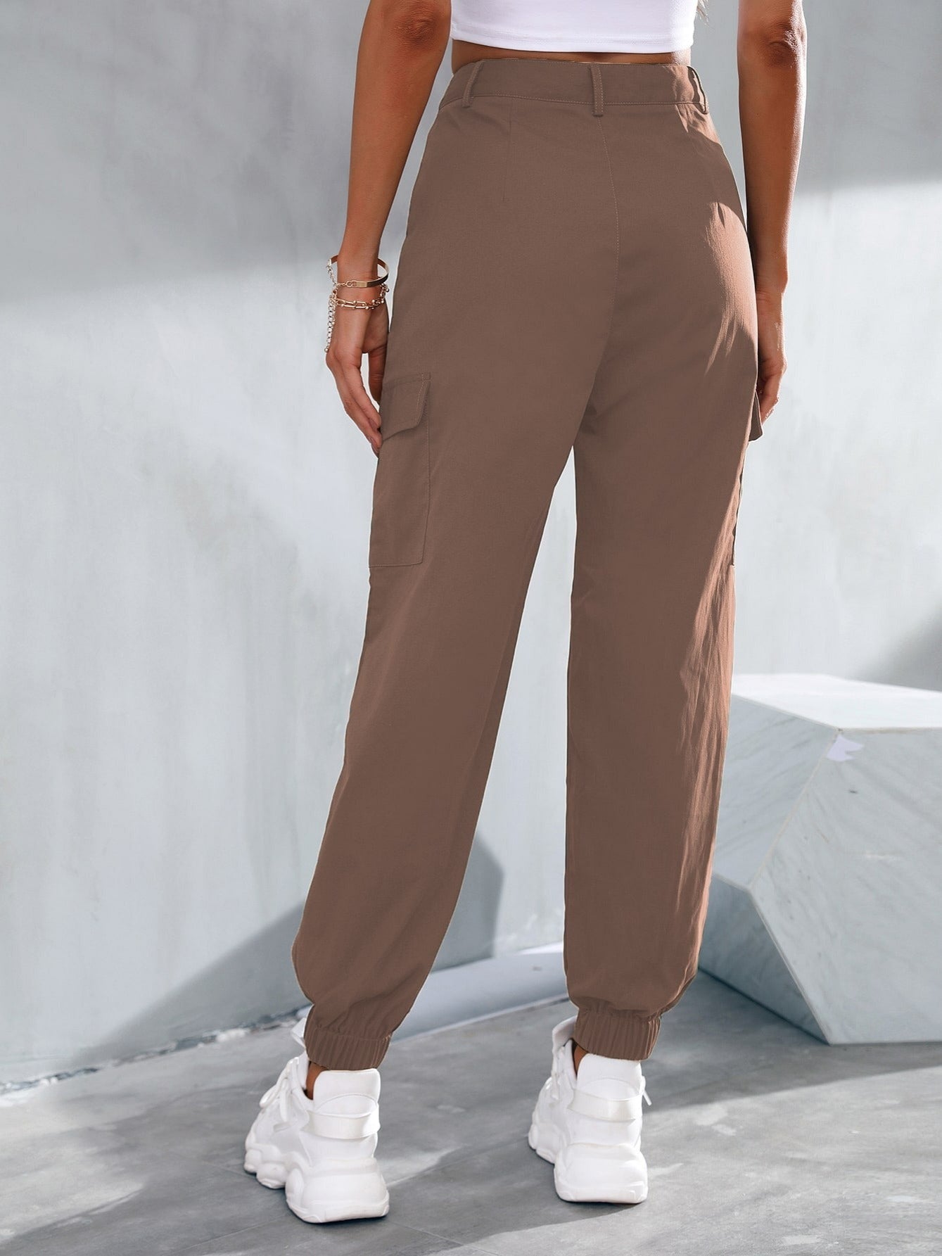 Khaki Long Slant Pockets Belted Pants