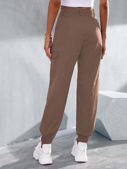 Khaki Long Slant Pockets Belted Pants