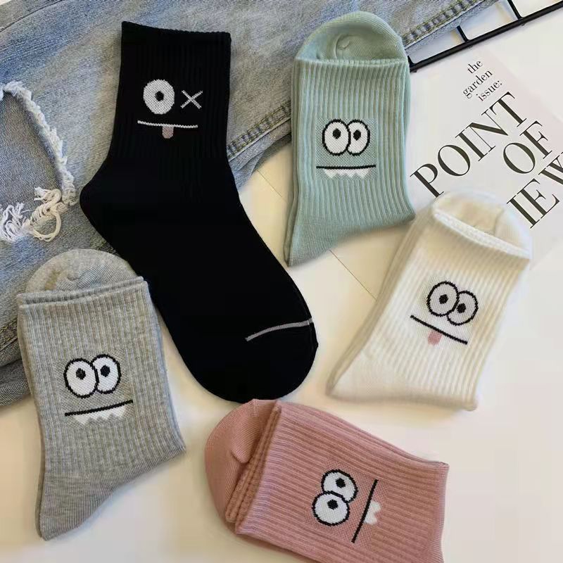 5 Pairs Cute Expression Print Comfy Funny All-match Mid Tube Socks
