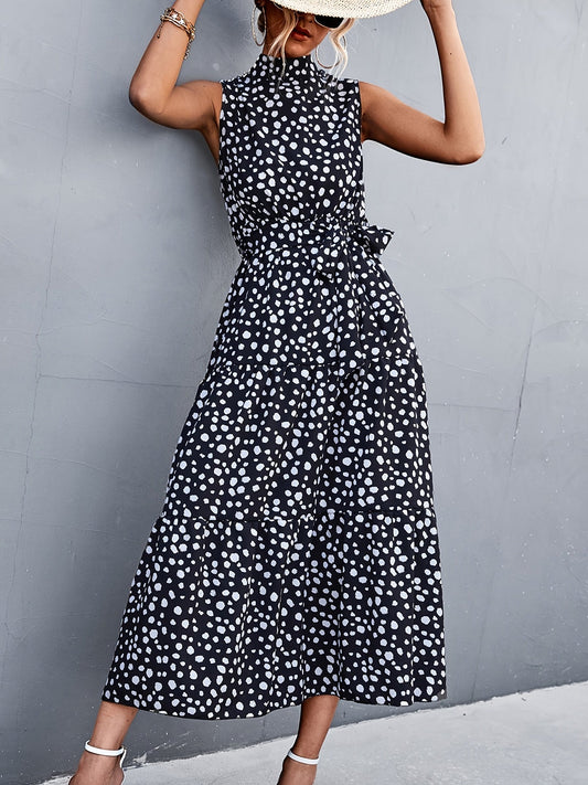 Elegant Lace Up Midi Dress Dot Tie Print Sleeveless High Neck Belt Waist Summer Maxi Dresses