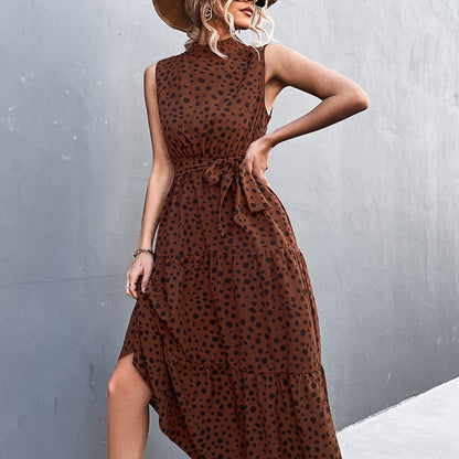 Elegant Lace Up Midi Dress Dot Tie Print Sleeveless High Neck Belt Waist Summer Maxi Dresses