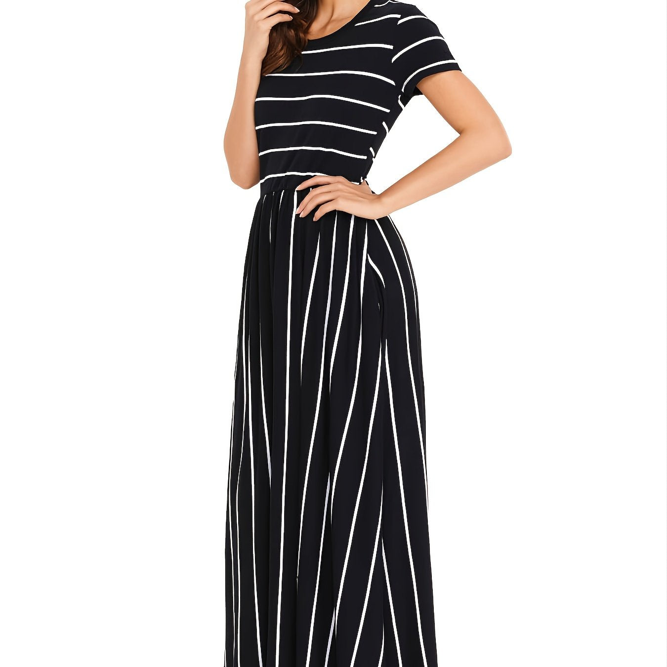 Blue Striped White Short Sleeve Maxi Dress