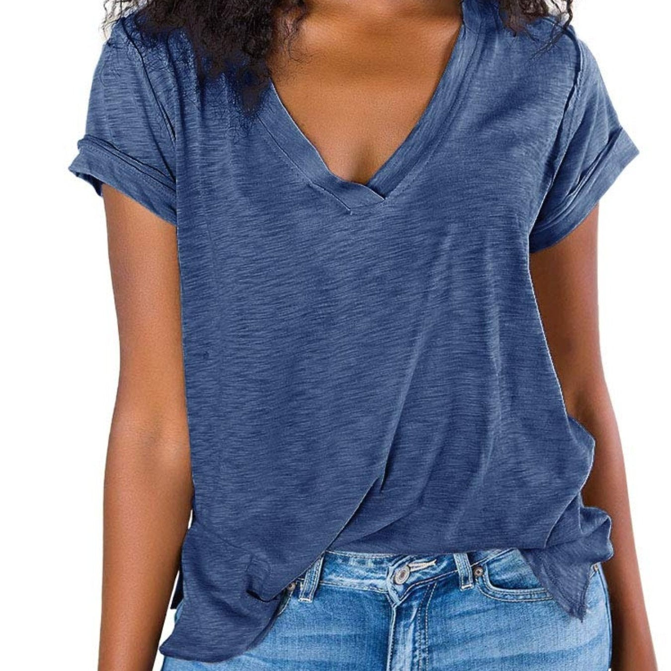 V Neck Side Slit Casual Loose Short Sleeve Fashion Summer T-Shirts Tops