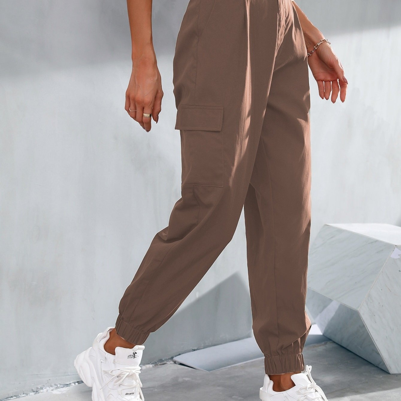 Khaki Long Slant Pockets Belted Pants