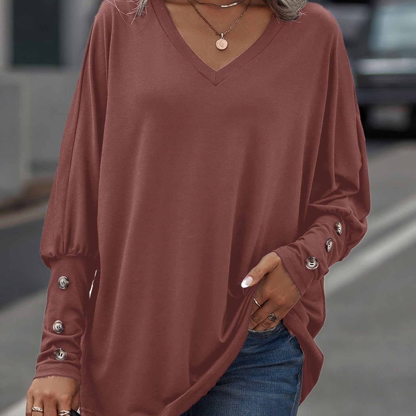 Loose-Fit V-Neck Oversized Batwing Long Sleeve Casual Tops
