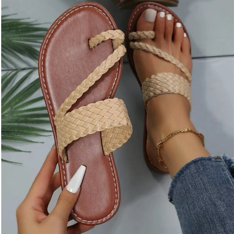 Women's Braided Design Thong Sandals Solid Color Slip-on Flat Toe Loop Slippers