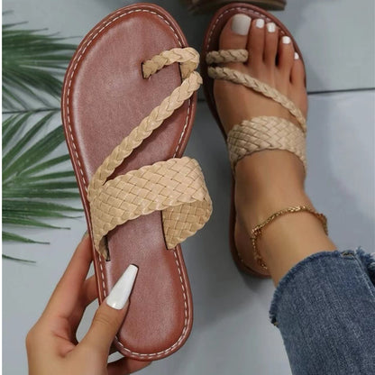 Women's Braided Design Thong Sandals Solid Color Slip-on Flat Toe Loop Slippers