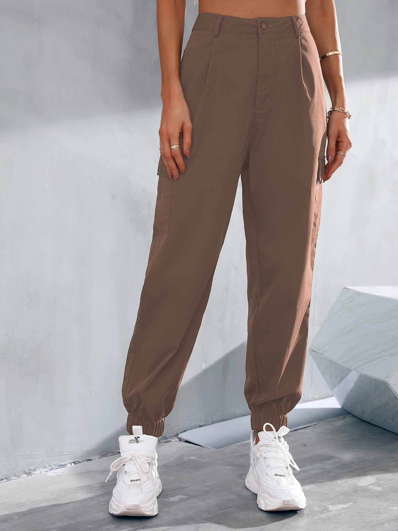 Khaki Long Slant Pockets Belted Pants