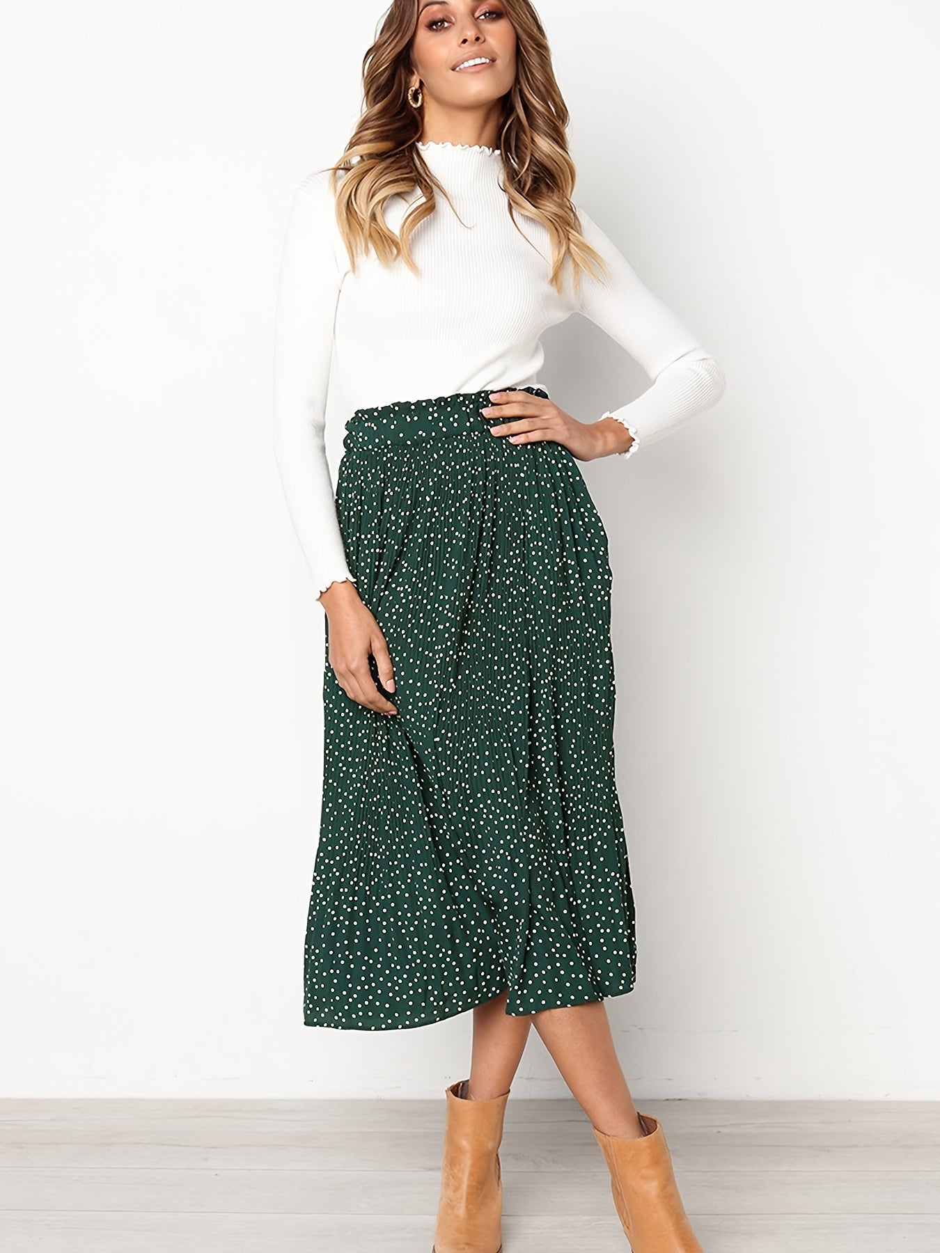 Pretty Polka Dot Pleated Skirt - High Waisted Spring Summer Casual Everyday