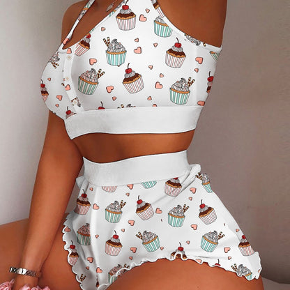 Women's Sleepwear Two-piece Cami Top Shorts Lettuce Trim Pajama Set