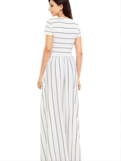 Blue Striped White Short Sleeve Maxi Dress