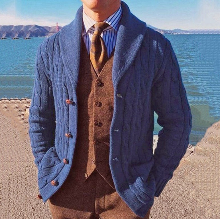 Men's new autumn and winter men's slim long sleeve knit jacket lapel collar blue cardigan jacket sweater