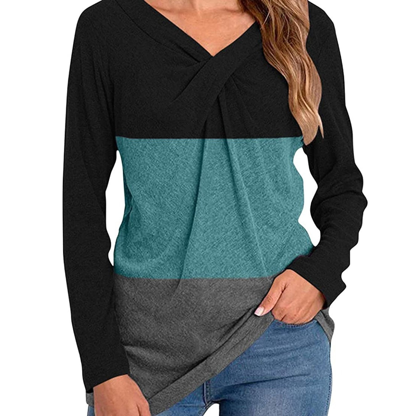 Color Block Long Sleeve Twist Neck T-shirts