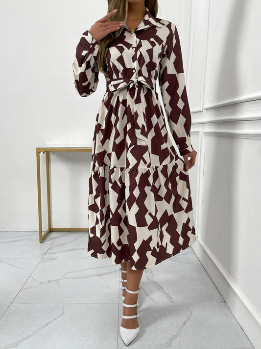 Casual Geometric Print Elegant V Neck Fashion Belt Dress