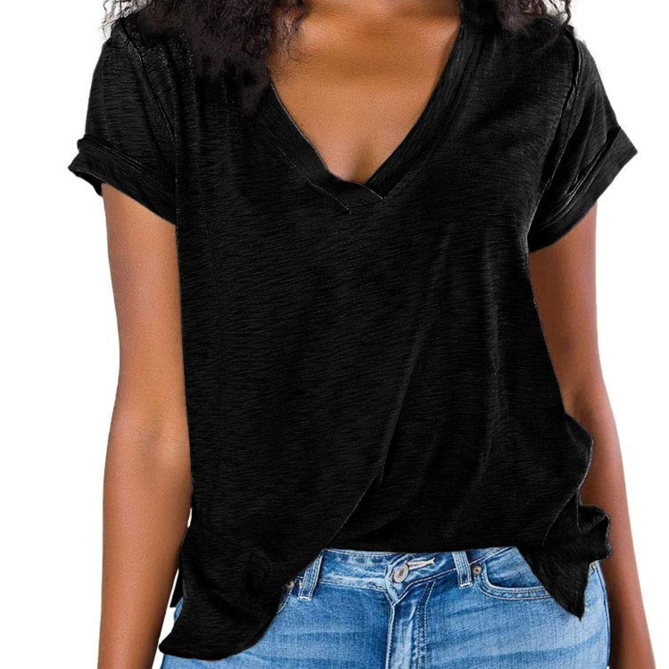 V Neck Side Slit Casual Loose Short Sleeve Fashion Summer T-Shirts Tops