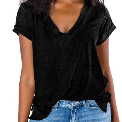 V Neck Side Slit Casual Loose Short Sleeve Fashion Summer T-Shirts Tops