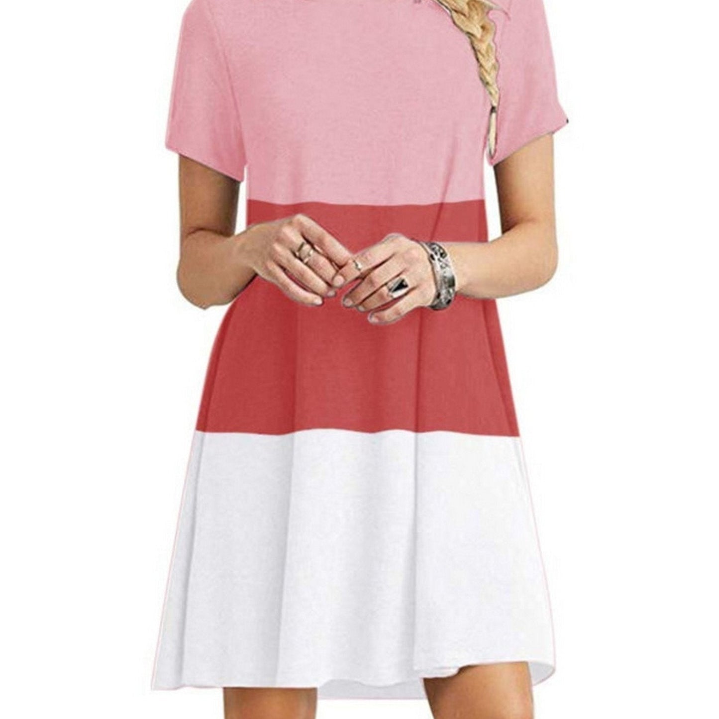 Women's Short Sleeve Crew Neck Swing Dress Color Block Summer Loose Casual A-line T-Shirt Dress