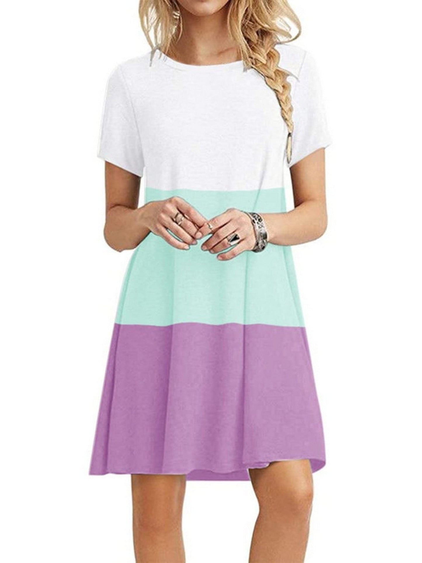 Women's Short Sleeve Crew Neck Swing Dress Color Block Summer Loose Casual A-line T-Shirt Dress