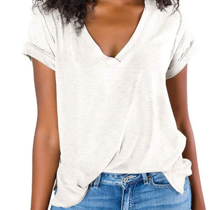V Neck Side Slit Casual Loose Short Sleeve Fashion Summer T-Shirts Tops