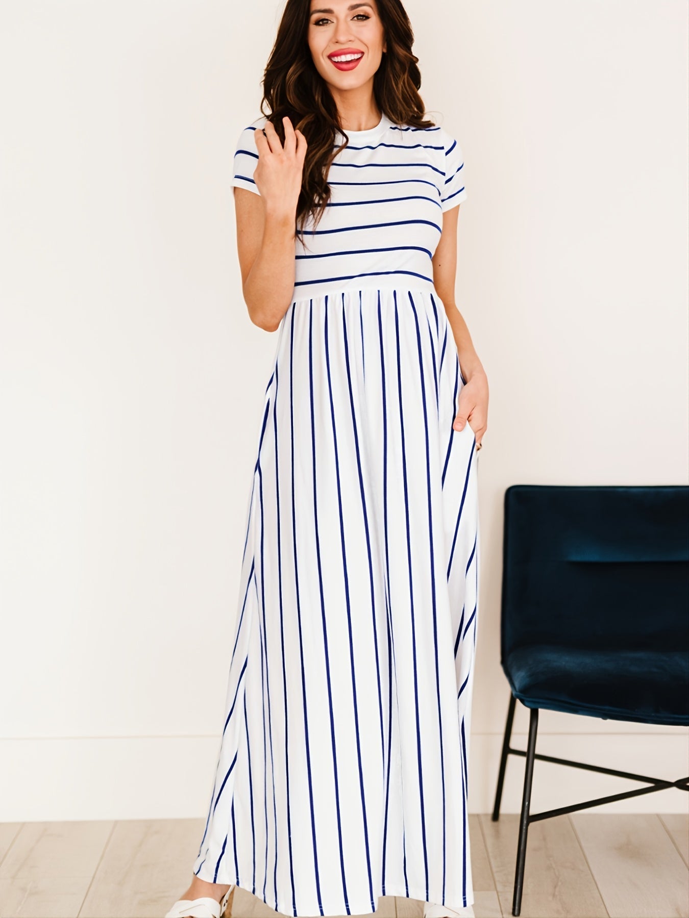 Blue Striped White Short Sleeve Maxi Dress