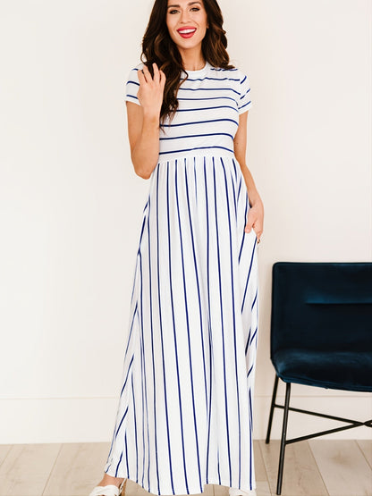Blue Striped White Short Sleeve Maxi Dress