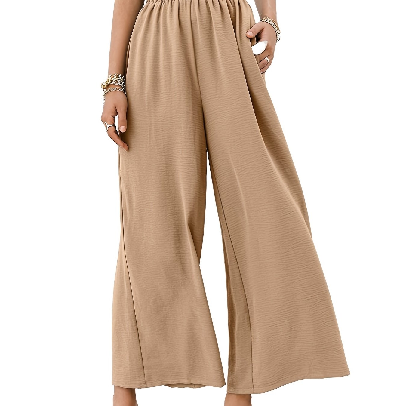Solid Elastic Wide Leg High Waist Loose Pants With Pockets, Casual Every Day Pants