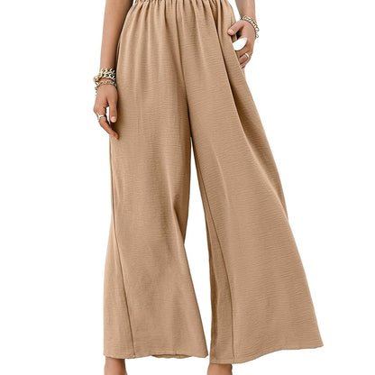 Solid Elastic Wide Leg High Waist Loose Pants With Pockets, Casual Every Day Pants