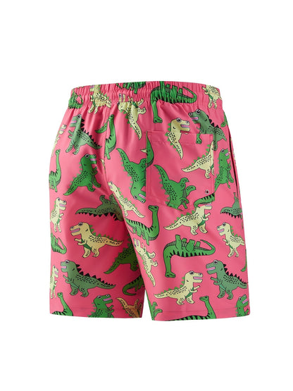 Men's Cartoon Dinosaur Print Beach Swim Trunks Shorts