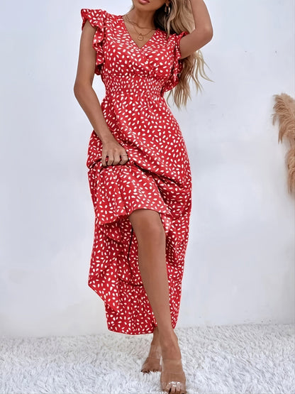 Elegant Shirred Ruffle A-Line Maxi Dress with Printed Cap Sleeves and Wrap V-Neck Waist - Women's Summer Long Dress