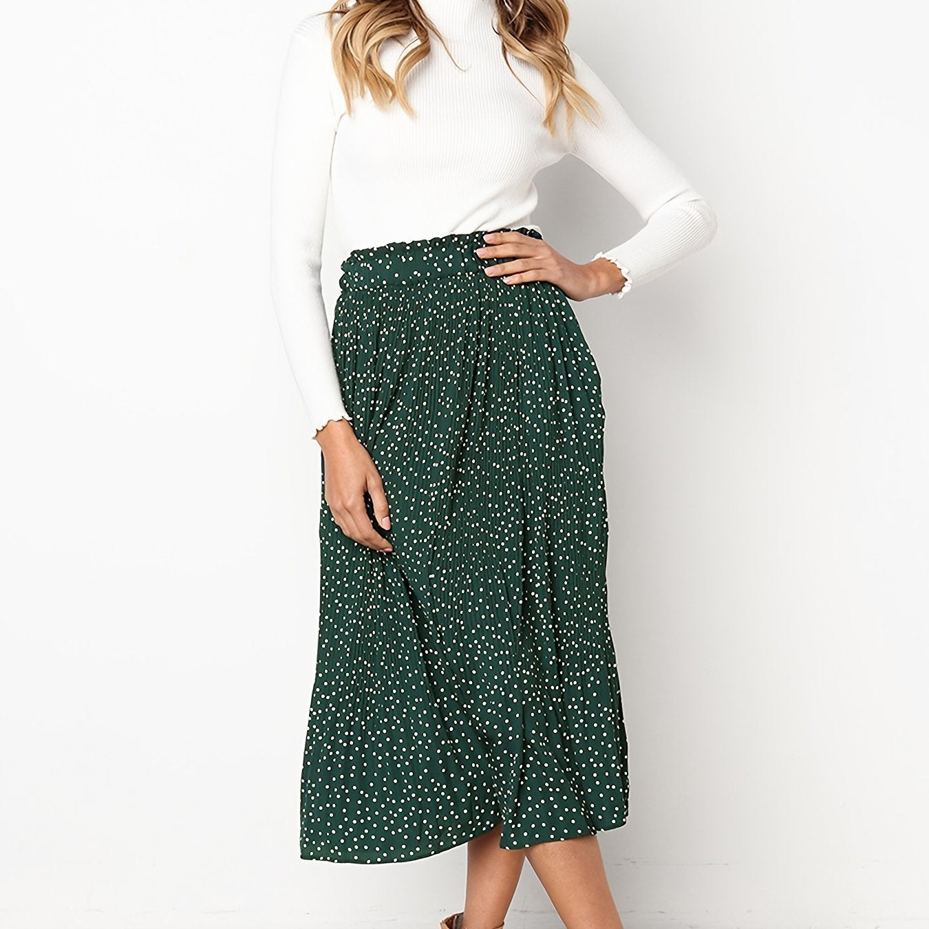 Pretty Polka Dot Pleated Skirt - High Waisted Spring Summer Casual Everyday